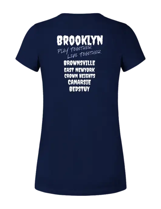 Womens Ring Spun Navy 4.5 oz T-Shirt w/Play Together Logo, Peace Players Brooklyn Logo