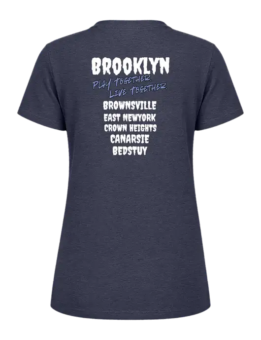 Womens Ring Spun Heather Navy 4.5 oz T-Shirt w/Play Together Logo, Peace Players Brooklyn Logo