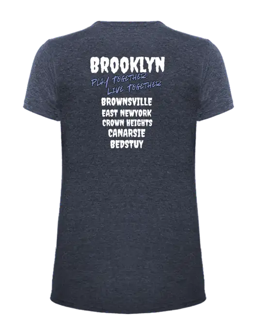 Womens Ring Spun Heather Navy 4.5 oz T-Shirt w/Play Together Logo, Peace Players Brooklyn Logo