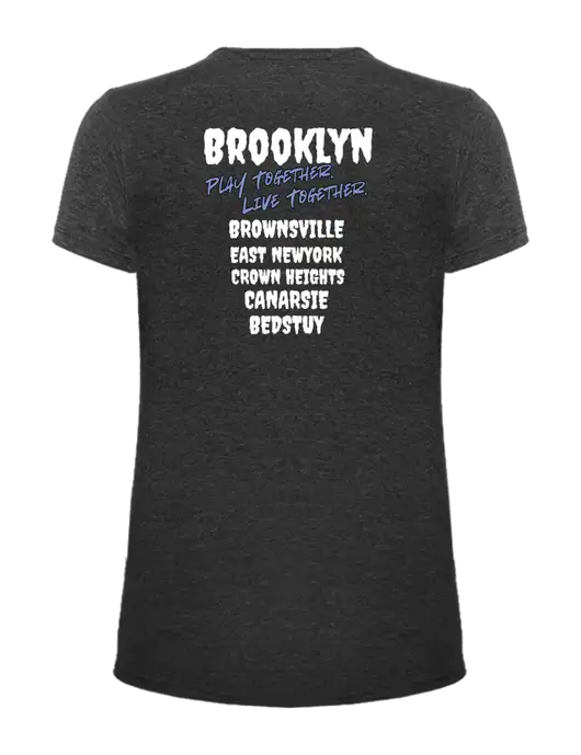 Womens Ring Spun Dark Heather Grey 4.5 oz T-Shirt w/Play Together Logo, Peace Players Brooklyn Logo