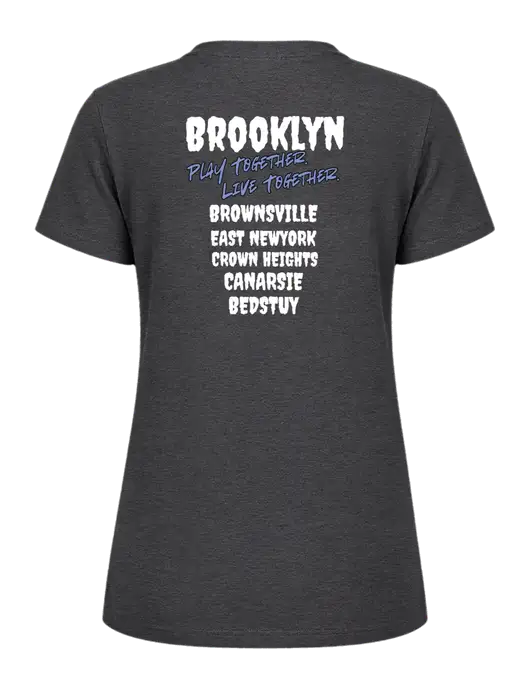 Womens Ring Spun Dark Heather Grey 4.5 oz T-Shirt w/Play Together Logo, Peace Players Brooklyn Logo