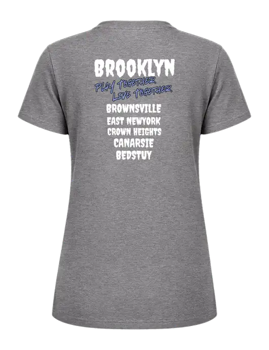 Womens Ring Spun Light Grey Heather 4.5 oz T-Shirt w/Play Together Logo, Peace Players Brooklyn Logo