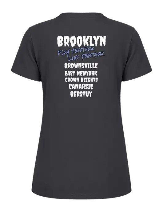 Womens Ring Spun Charcoal 4.5 oz T-Shirt w/Play Together Logo, Peace Players Brooklyn Logo