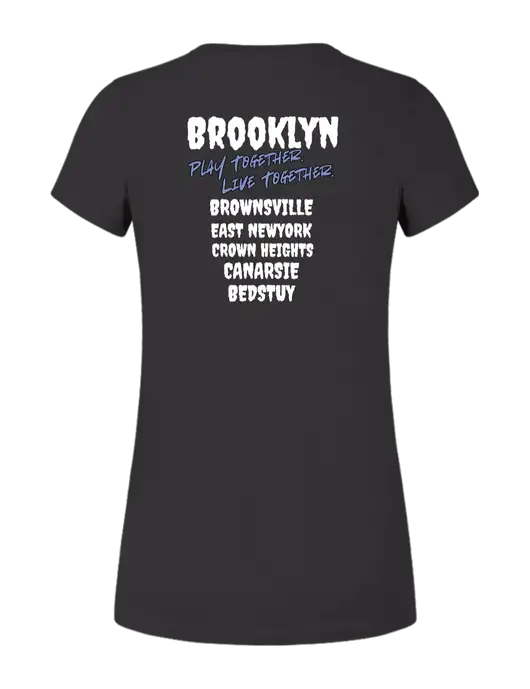 Womens Ring Spun Charcoal 4.5 oz T-Shirt w/Play Together Logo, Peace Players Brooklyn Logo
