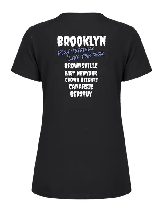 Womens Ring Spun Jet Black 4.5 oz T-Shirt w/Play Together Logo, Peace Players Brooklyn Logo