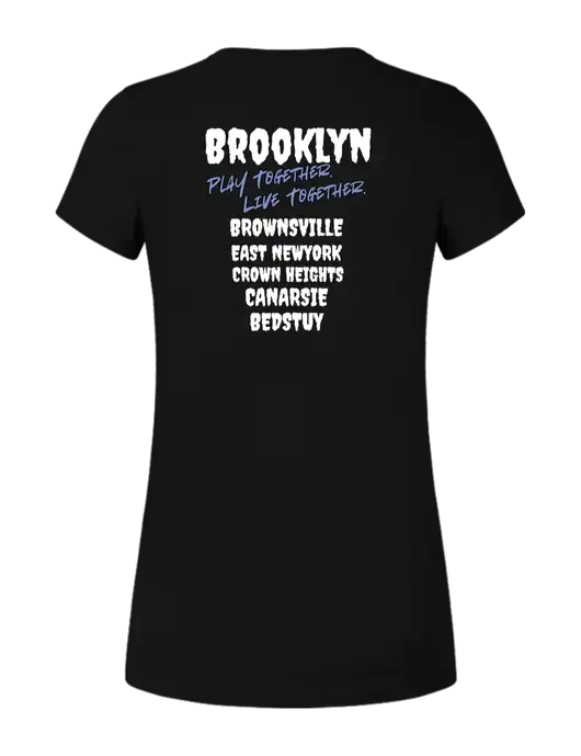 Womens Ring Spun Jet Black 4.5 oz T-Shirt w/Play Together Logo, Peace Players Brooklyn Logo