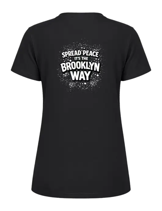 Womens Ring Spun Jet Black 4.5 oz T-Shirt w/Spread Peace Logo, Peace Players Brooklyn Logo
