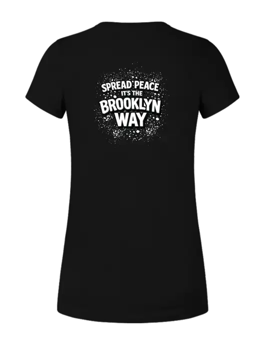 Womens Ring Spun Jet Black 4.5 oz T-Shirt w/Spread Peace Logo, Peace Players Brooklyn Logo