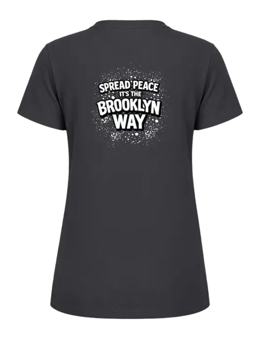 Womens Ring Spun Charcoal 4.5 oz T-Shirt w/Spread Peace Logo, Peace Players Brooklyn Logo