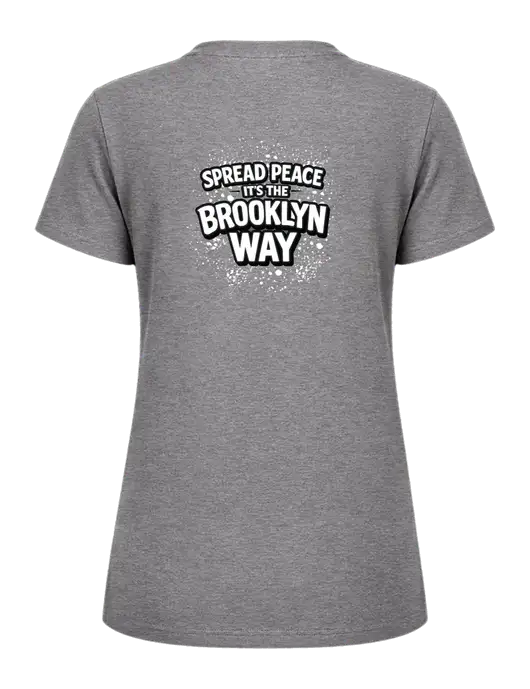 Womens Ring Spun Light Grey Heather 4.5 oz T-Shirt w/Spread Peace Logo, Peace Players Brooklyn Logo