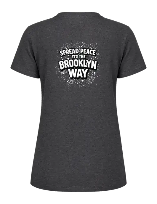 Womens Ring Spun Dark Heather Grey 4.5 oz T-Shirt w/Spread Peace Logo, Peace Players Brooklyn Logo