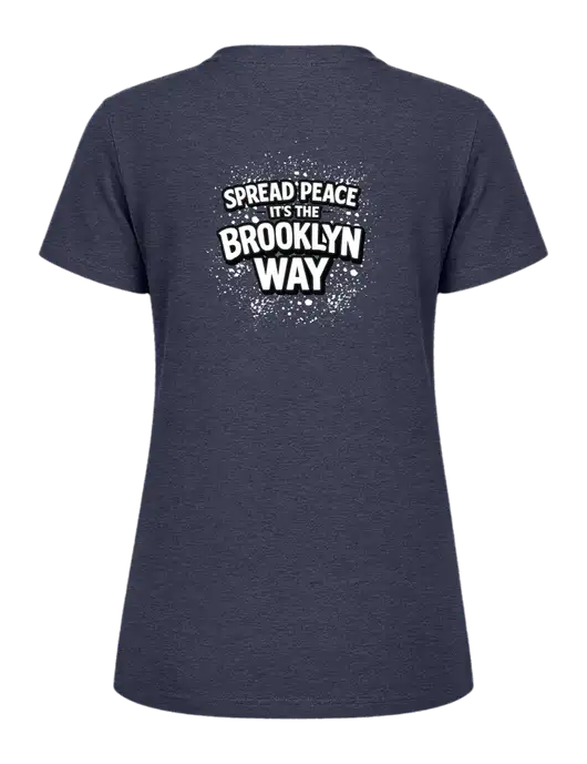 Womens Ring Spun Heather Navy 4.5 oz T-Shirt w/Spread Peace Logo, Peace Players Brooklyn Logo