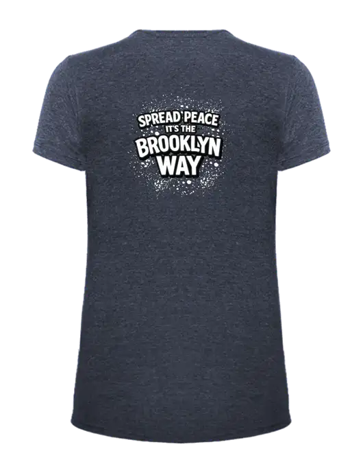 Womens Ring Spun Heather Navy 4.5 oz T-Shirt w/Spread Peace Logo, Peace Players Brooklyn Logo