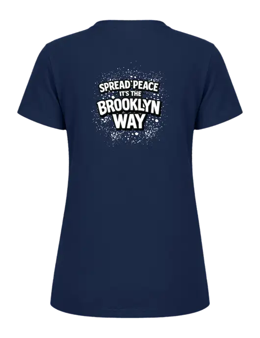 Womens Ring Spun Navy 4.5 oz T-Shirt w/Spread Peace Logo, Peace Players Brooklyn Logo