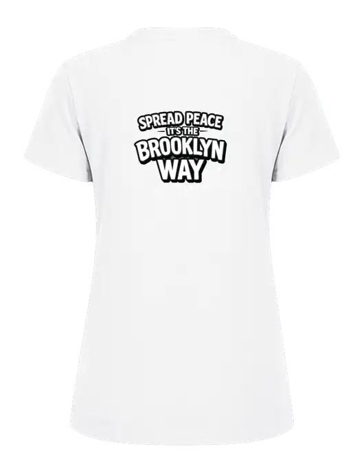 Womens Ring Spun White 4.5 oz T-Shirt w/Spread Peace Logo, Peace Players Brooklyn Logo