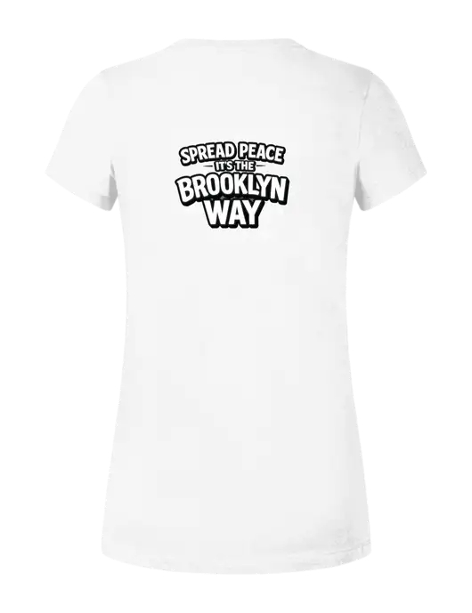Womens Ring Spun White 4.5 oz T-Shirt w/Spread Peace Logo, Peace Players Brooklyn Logo