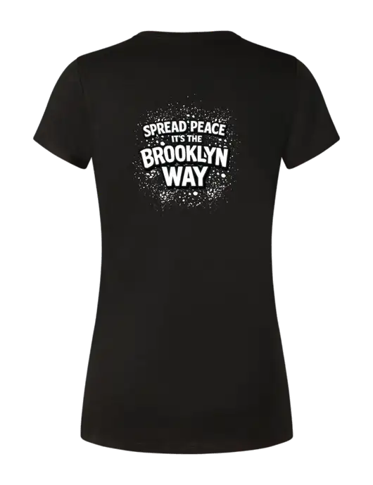 Womens Simply Soft Black 4.5oz Poly/Combed Ring Spun Cotton T-Shirt w/Spread Peace Logo, Peace Players Brooklyn Logo