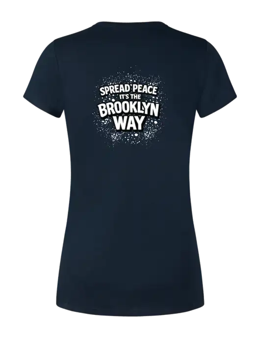 Womens Simply Soft Navy 4.5oz Poly/Combed Ring Spun Cotton T-Shirt w/Spread Peace Logo, Peace Players Brooklyn Logo