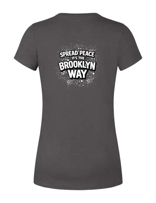 Womens Simply Soft Heather Charcoal 4.5oz  Poly/Combed Ring Spun Cotton T-Shirt w/Spread Peace Logo, Peace Players Brooklyn Logo