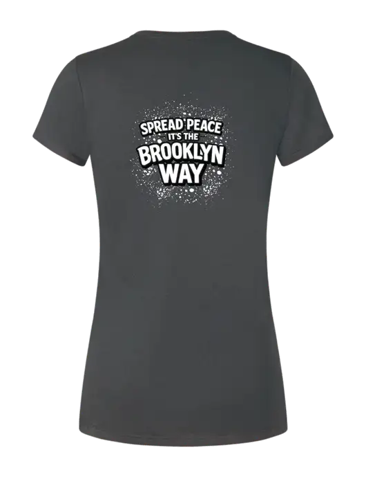 Womens Simply Soft Charcoal 4.5oz Poly/Combed Ring Spun Cotton T-Shirt w/Spread Peace Logo, Peace Players Brooklyn Logo