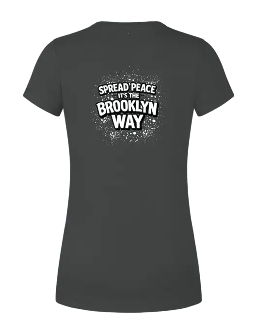Womens Simply Soft Black Frost 4.5oz Poly/Combed Ring Spun Cotton T-Shirt w/Spread Peace Logo, Peace Players Brooklyn Logo
