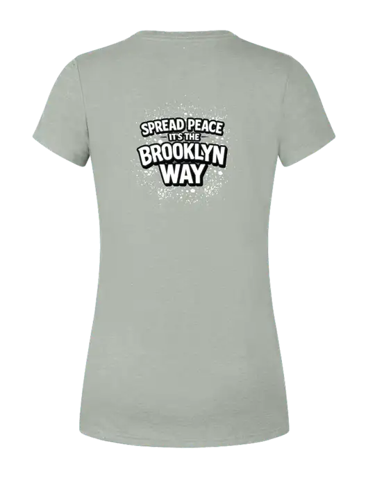 Womens Simply Soft Heathered Light Grey 4.5oz Poly/Combed Ring Spun Cotton T-Shirt w/Spread Peace Logo, Peace Players Brooklyn Logo