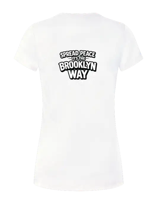 Womens Simply Soft White 4.5oz Poly/Combed Ring Spun Cotton T-Shirt
 w/Spread Peace Logo, Peace Players Brooklyn Logo