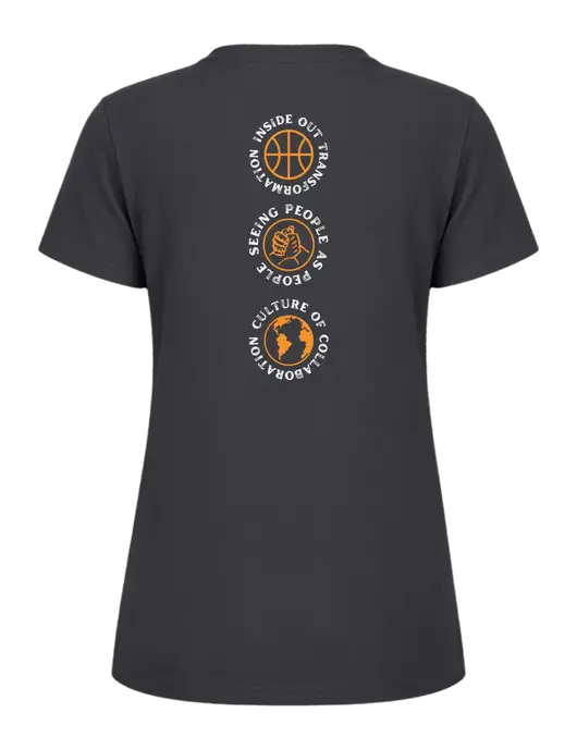Womens Ring Spun Charcoal 4.5 oz T-Shirt w/Icons logo, Peace Players Brooklyn Logo