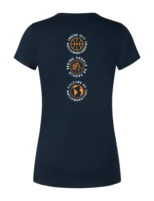 Womens Simply Soft Navy 4.5oz Poly/Combed Ring Spun Cotton T-Shirt w/Icons logo, Peace Players Brooklyn Logo