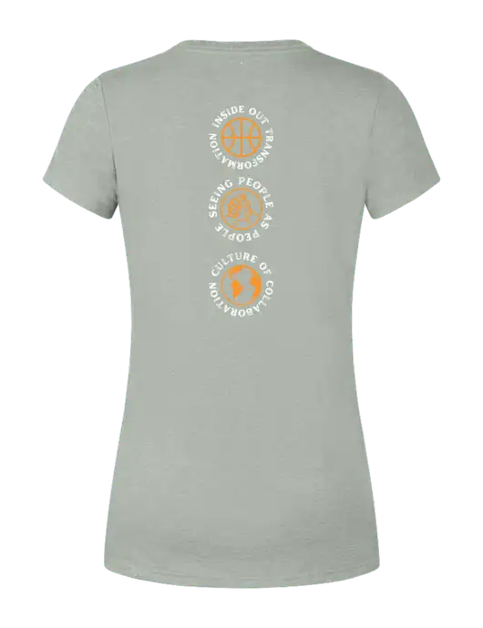 Womens Simply Soft Grey Frost 4.5oz  Poly/Combed Ring Spun Cotton T-Shirt w/Icons logo, Peace Players Brooklyn Logo