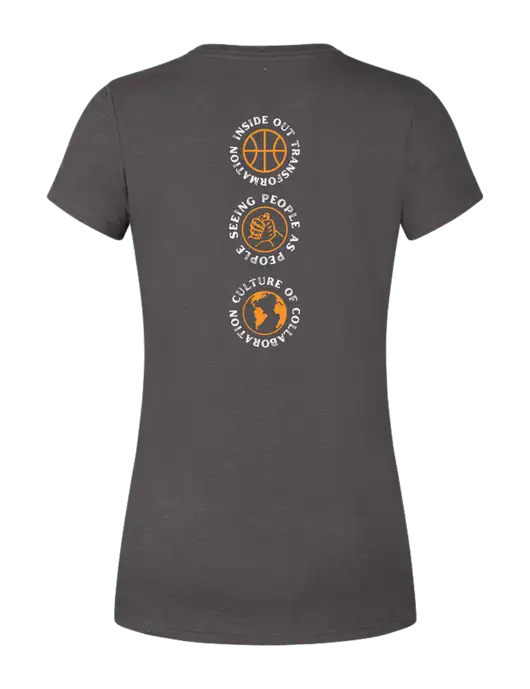 Womens Simply Soft Heather Charcoal 4.5oz  Poly/Combed Ring Spun Cotton T-Shirt w/Icons logo, Peace Players Brooklyn Logo