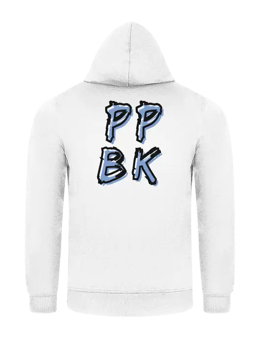White 7.8 oz Ring Spun Hooded Sweatshirt w/PPBK logo, Peace Players Brooklyn Logo