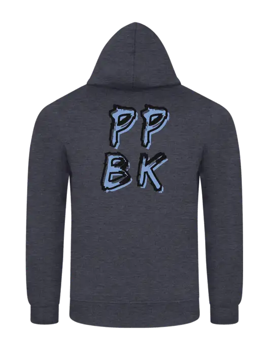 Heather Navy 7.8 oz Ring Spun Hooded Sweatshirt w/PPBK logo, Peace Players Brooklyn Logo