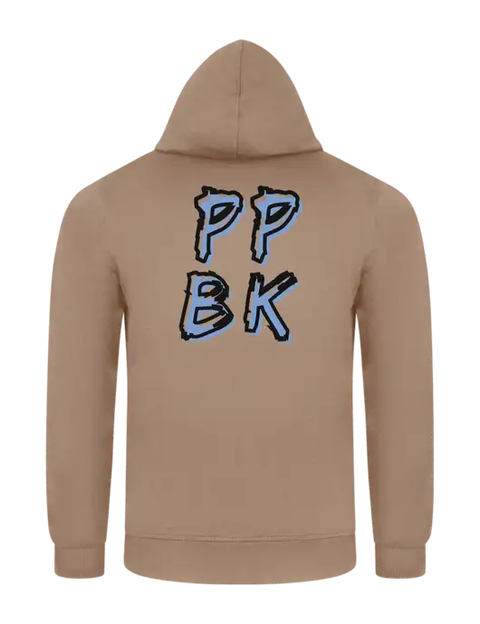 Sand 7.8. oz Ring Spun Hooded Sweatshirt w/PPBK logo, Peace Players Brooklyn Logo
