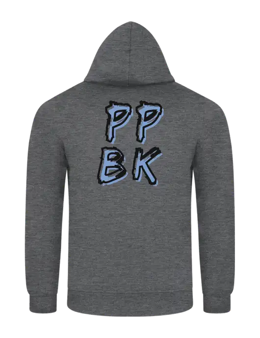 Graphite Heather 7.8. oz Ring Spun Hooded Sweatshirt w/PPBK logo, Peace Players Brooklyn Logo