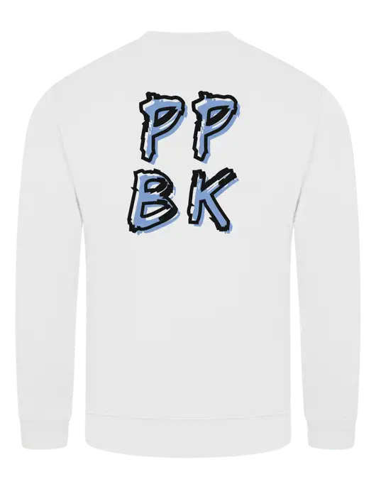 White 7.8 oz Ring Spun Crew Sweatshirt w/PPBK logo, Peace Players Brooklyn Logo
