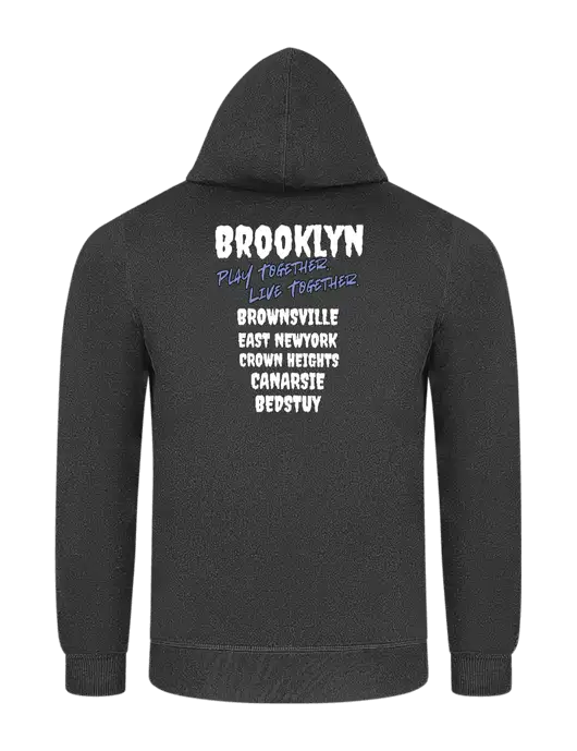 Charcoal 7.8 oz Ring Spun Hooded Sweatshirt w/Play Together Logo, Peace Players Brooklyn Logo
