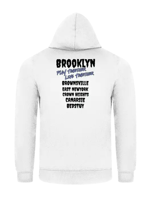 White 7.8 oz Ring Spun Hooded Sweatshirt w/Play Together Logo, Peace Players Brooklyn Logo