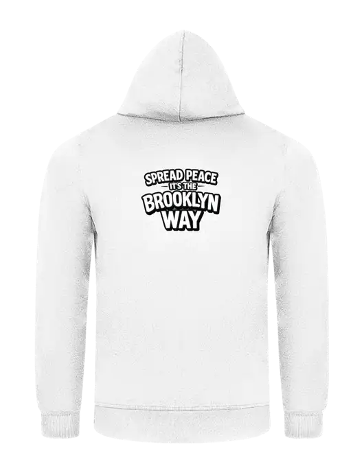 White 7.8 oz Ring Spun Hooded Sweatshirt w/Spread Peace Logo, Peace Players Brooklyn Logo