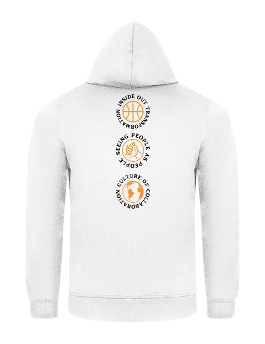 White 7.8 oz Ring Spun Hooded Sweatshirt w/Icons logo, Peace Players Brooklyn Logo
