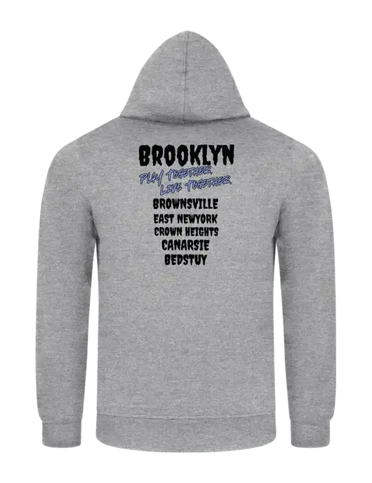Light Grey Heather 7.8 oz Ring Spun Hooded Sweatshirt w/Play Together Logo, Peace Players Brooklyn Logo