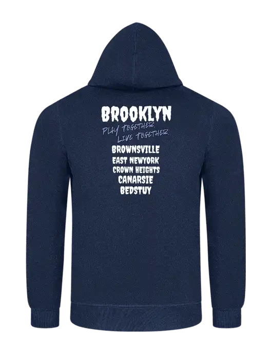 Navy 7.8 oz Ring Spun Hooded Sweatshirt w/Play Together Logo, Peace Players Brooklyn Logo