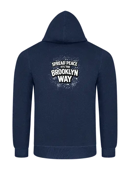 Navy 7.8 oz Ring Spun Hooded Sweatshirt w/Spread Peace Logo, Peace Players Brooklyn Logo