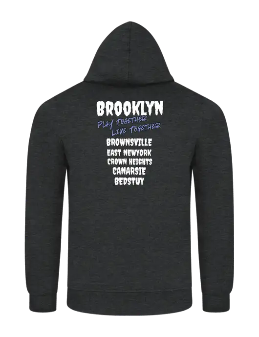 Dark Heather Grey 7.8 oz Ring Spun Hooded Sweatshirt w/Play Together Logo, Peace Players Brooklyn Logo