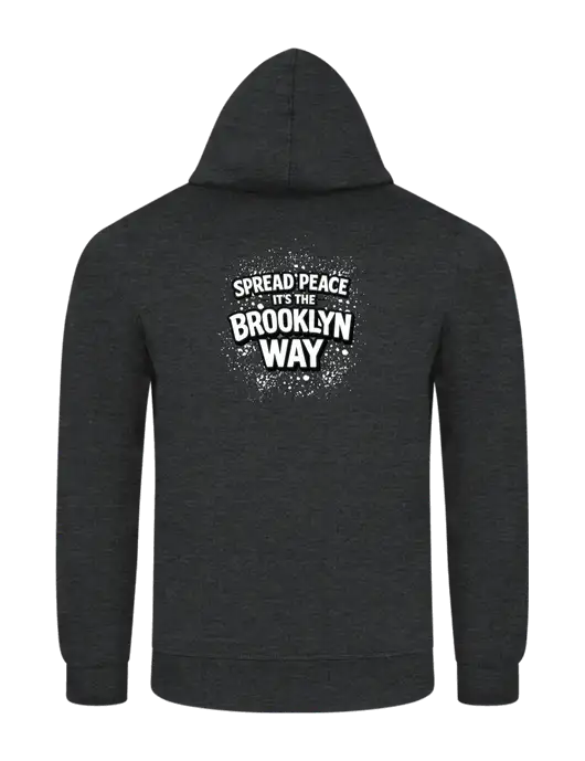 Dark Heather Grey 7.8 oz Ring Spun Hooded Sweatshirt w/Spread Peace Logo, Peace Players Brooklyn Logo