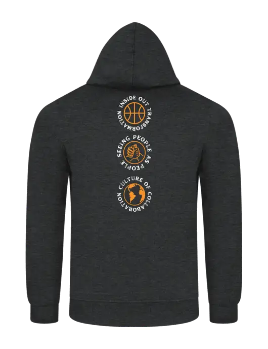 Dark Heather Grey 7.8 oz Ring Spun Hooded Sweatshirt w/Icons logo, Peace Players Brooklyn Logo