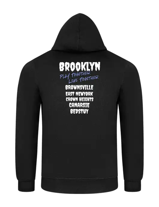 Jet Black 7.8 oz Ring Spun Hooded Sweatshirt w/Play Together Logo, Peace Players Brooklyn Logo