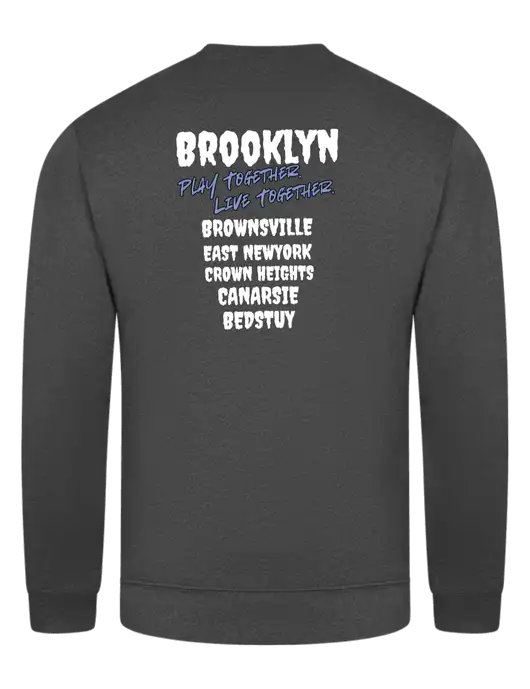 Charcoal 7.8 oz Ring Spun Crew Sweatshirt w/Play Together Logo, Peace Players Brooklyn Logo