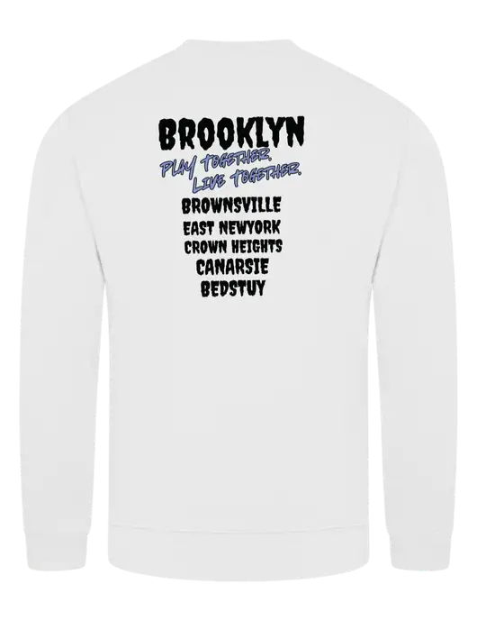 White 7.8 oz Ring Spun Crew Sweatshirt w/Play Together Logo, Peace Players Brooklyn Logo