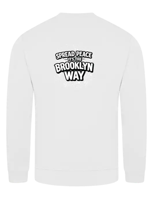 White 7.8 oz Ring Spun Crew Sweatshirt w/Spread Peace Logo, Peace Players Brooklyn Logo